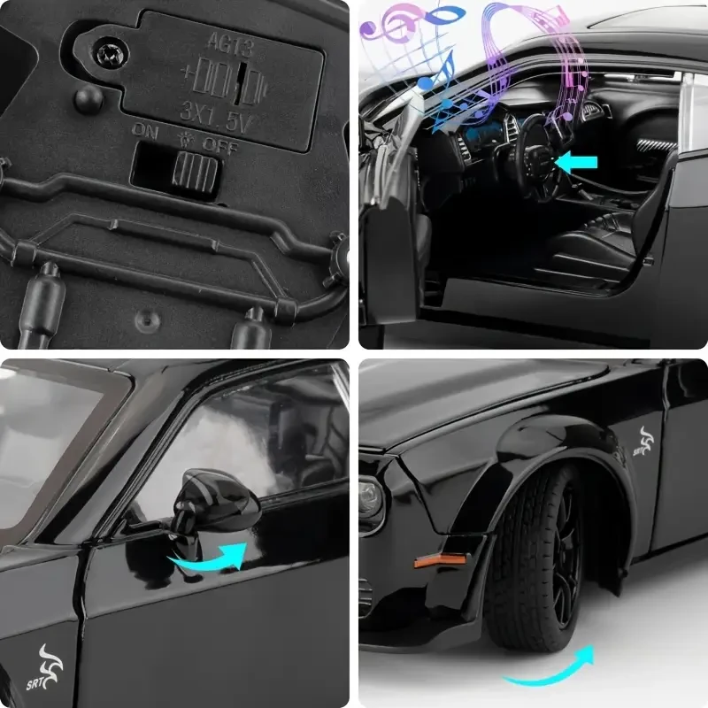 Black Metal Diecast Sports Car Model with Realistic Design, Sound & Light - Perfect Collectible Toy for Youngsters