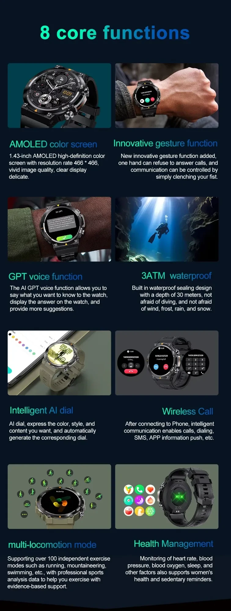 MAX18 Men Smartwatch AMOLED1.43inch Big Screen BT Calls Gesture Control AI Voice Sports Smart Watch Men