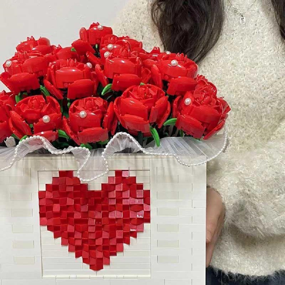 Handmade Assembly Of Building Blocks, Roses, Eternal Flower Bouquet, Hugging Bucket