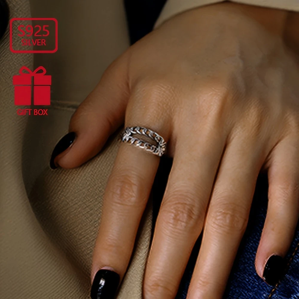1pc Vintage-Inspired 925 Sterling Silver Adjustable Open Ring for Women  Geometric Chain Design, Hip Hop & Casual Attire Accessory, Party Jewelry, Durable Adjustable Ring