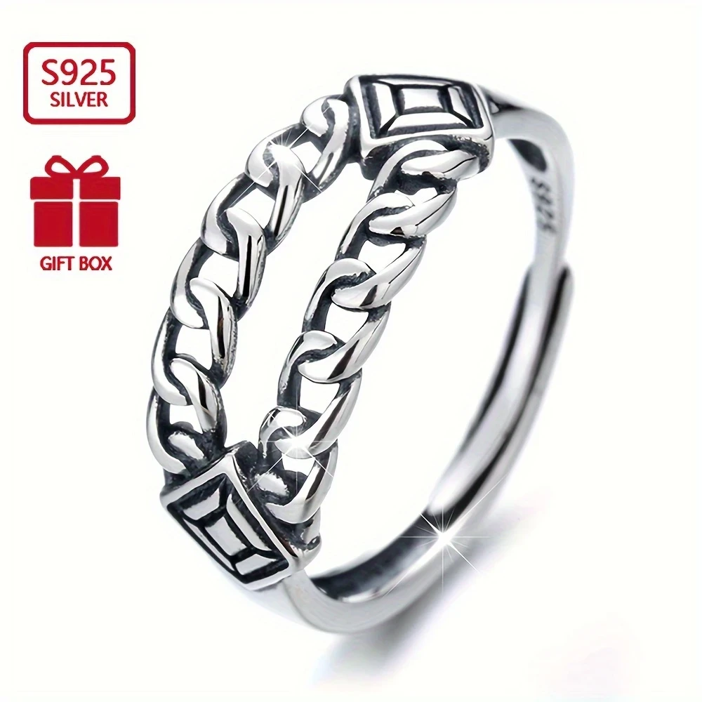 1pc Vintage-Inspired 925 Sterling Silver Adjustable Open Ring for Women Geometric Chain Design, Hip Hop & Casual Attire Accessory, Party Jewelry, Durable Adjustable Ring