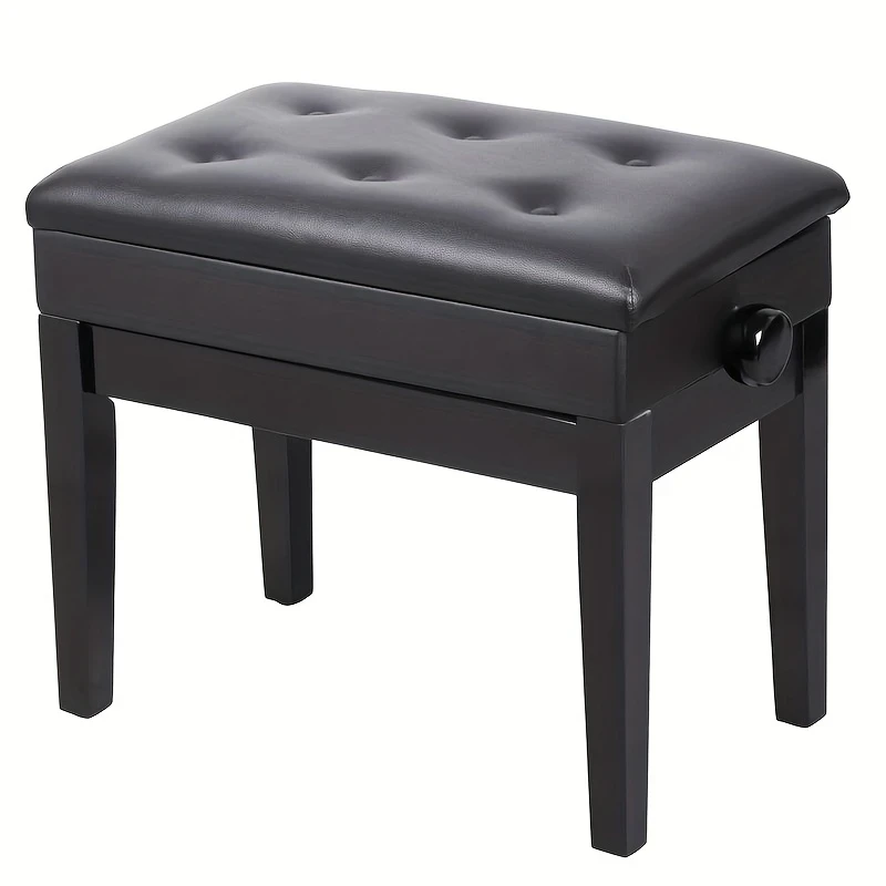 Adjustable Height Piano Stool with Button-Tufted Black Cushion