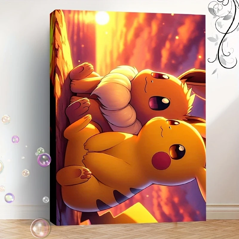 30x45cm/12x18 Inches Framed Canvas Art Print  Pikachu and Eevee Sunset Scene