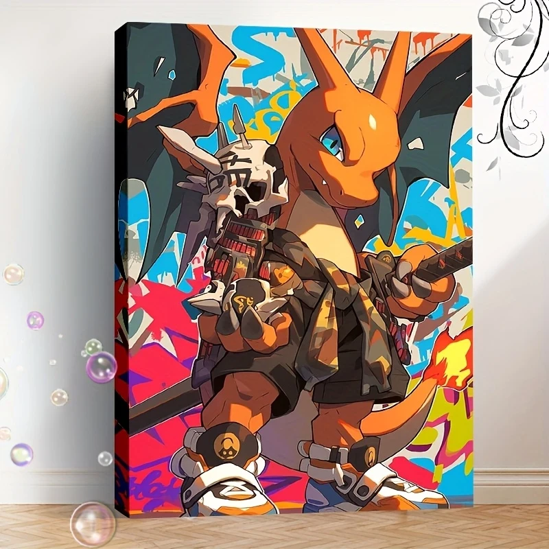 1pc Anime Fire-Breathing Dragon Canvas Wall Art  Graffiti-Style Framed Poster with Skull & Sword Design