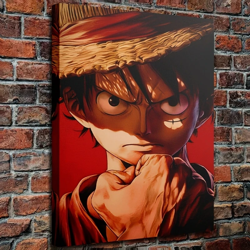 1pc Framed Canvas Painting  Dynamic Anime Character Artwork with Straw Hat & Intense Expression