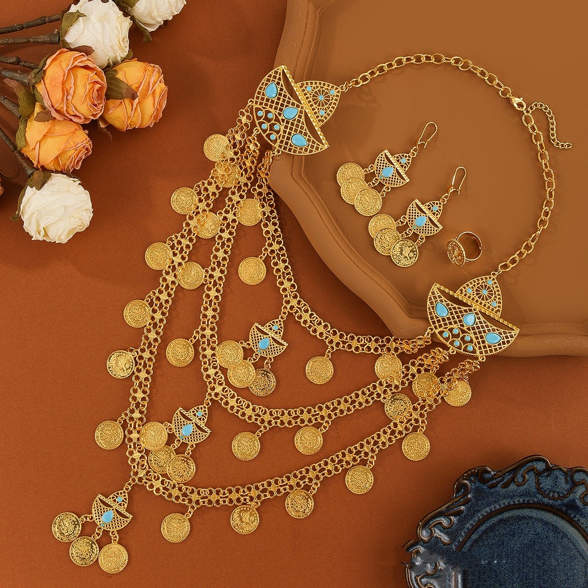 Bridal Gold-plated Necklace Earring Ring Jewelry Suit