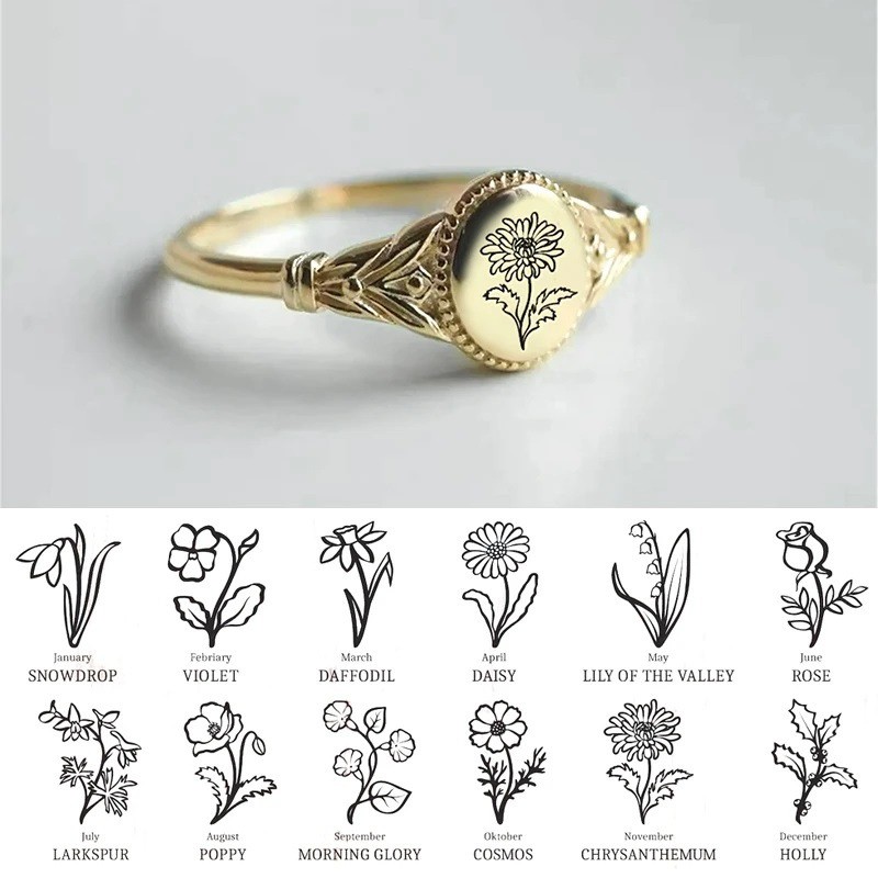 12th Birthday Month Simple Retro Rose Flower Leaf Four-leaf Clover Stainless Steel Ring