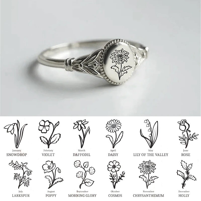 12th Birthday Month Simple Retro Rose Flower Leaf Four-leaf Clover Stainless Steel Ring