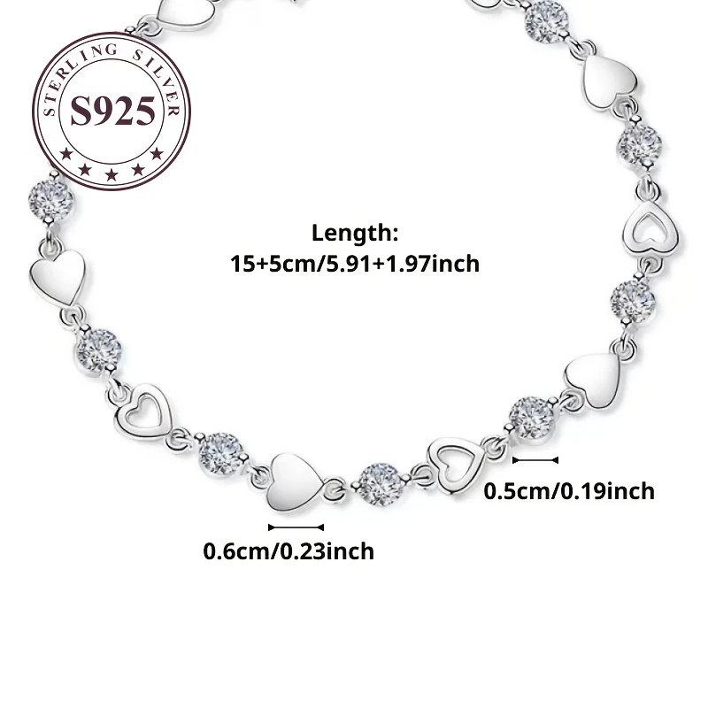 925 Sterling Silver Heart Bracelet - Elegant White Golden Plated Design