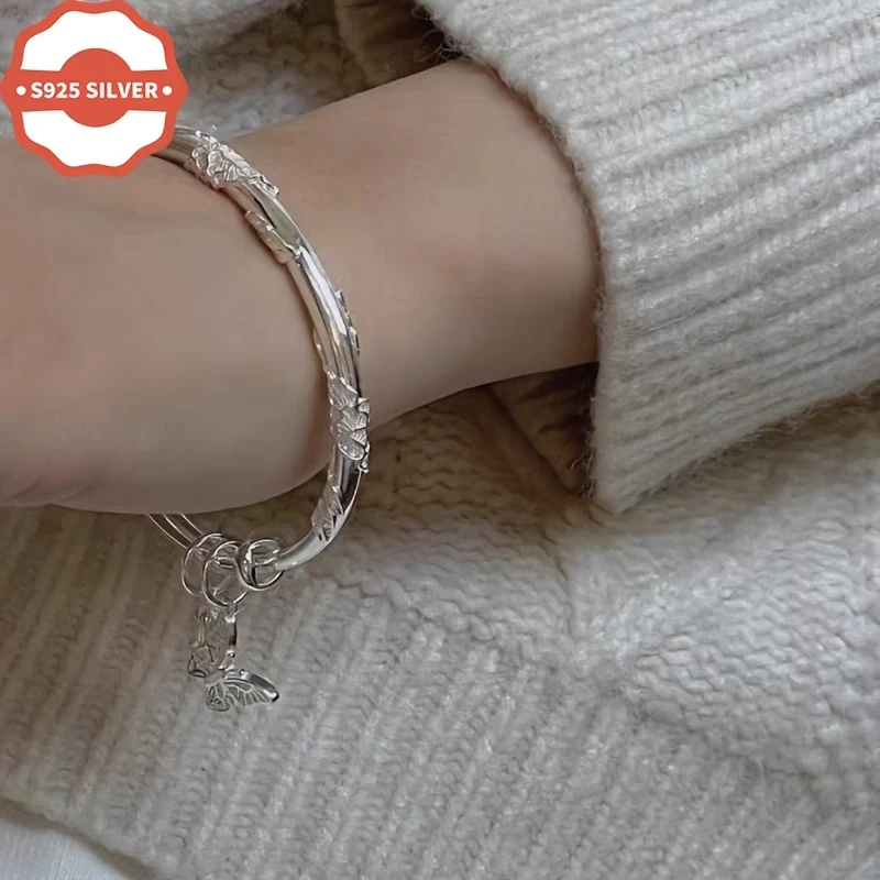 Luxury Boho Style 925 Sterling Silver Bangle  18K Golden Plated with Floral & Butterfly Charm