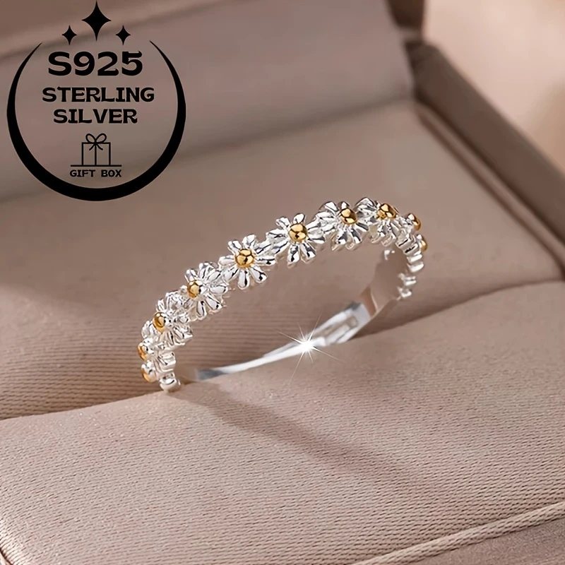 925 Silver Simple Daisy Flower Women's Ring  Adjustable Open Design