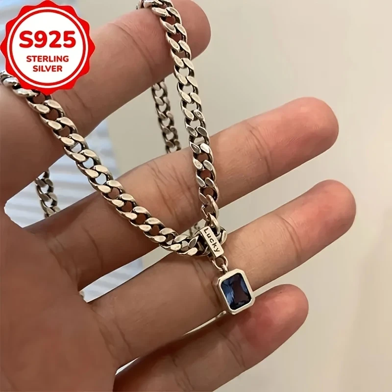 Vintage Boho Style 925 Sterling Silver Chain Necklace with Cubic Zirconia Pendant
