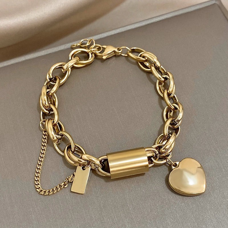New Stainless Steel Peach Heart Cuban Link Chain Bracelet Suit