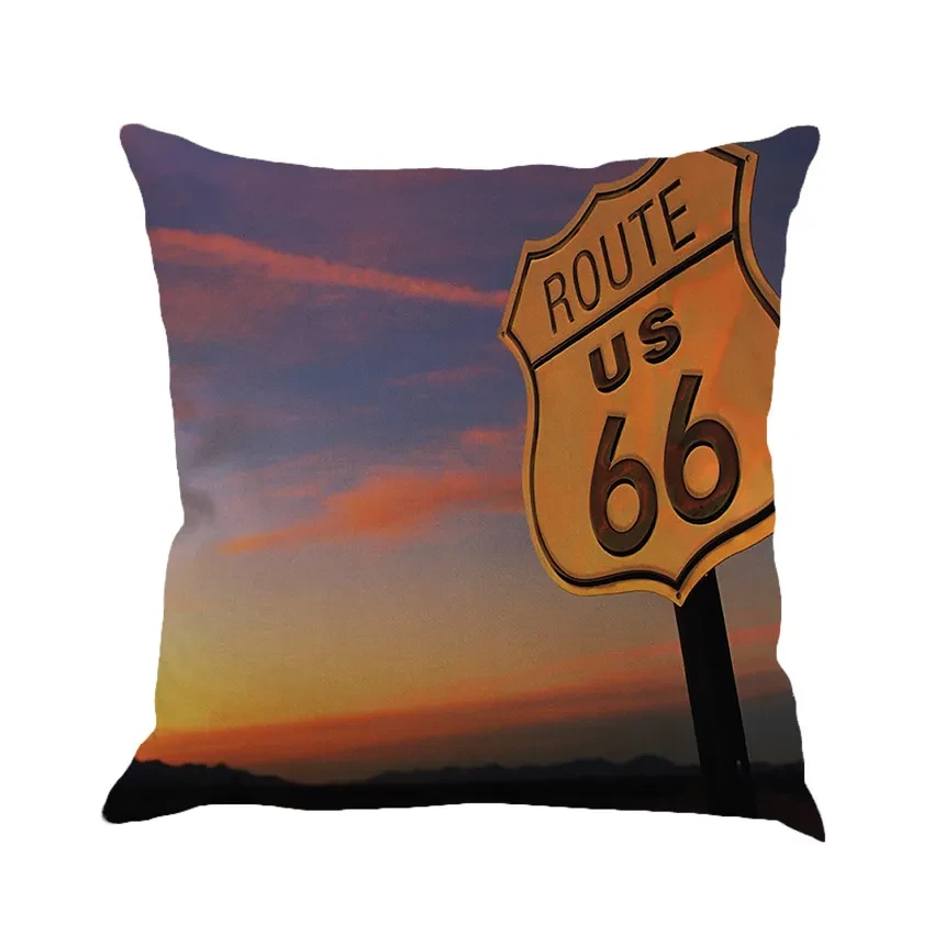 Us Route 66 Linen Hold Pillowcase Back Pillow Car Sofa Cushion