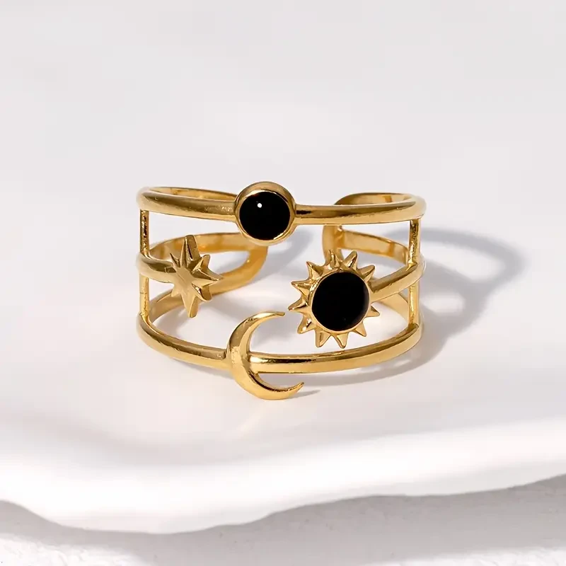 1pc Womens Adjustable Open Ring  Minimalist Stainless Steel Bangle with Sun, Star & Moon Charms | Elegant, Durable Jewelry for Everyday & Formal Wear in NZ