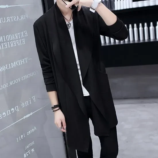 Slim Fit Student Handsome Cloak Men's Coat Black 9909 Lapel