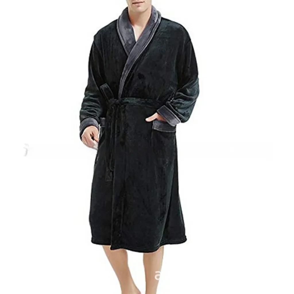Men's Large Size Bathrobe Long Sleeve Nightgown Lapel Black With Gray