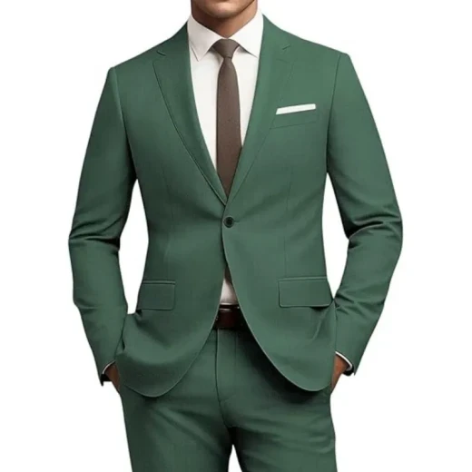 Men's Versatile Solid Color Business Jacket Long Pants Set Blackish green