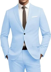 Men's Versatile Solid Color Business Jacket Long Pants Set Blue