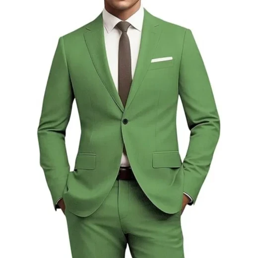 Men's Versatile Solid Color Business Jacket Long Pants Set Green