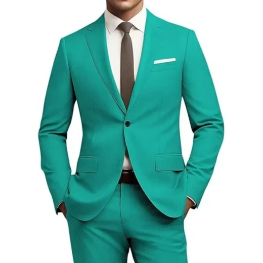 Men's Versatile Solid Color Business Jacket Long Pants Set Turquoise