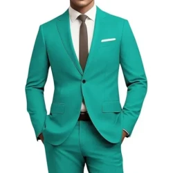 Men's Versatile Solid Color Business Jacket Long Pants Set Turquoise