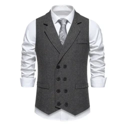 Men's Herringbone Tweed Suit Vest Retro Lapels Double Breasted Vest Dark Gray