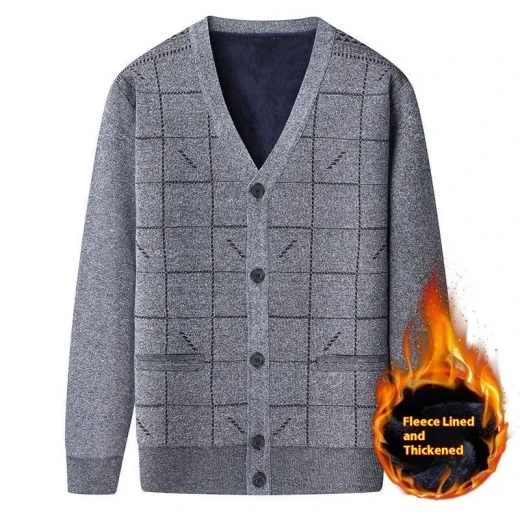Middle-aged And Elderly Men's Sweater Cardigan Autumn And Winter Dad Wear Light Gray With Velvet