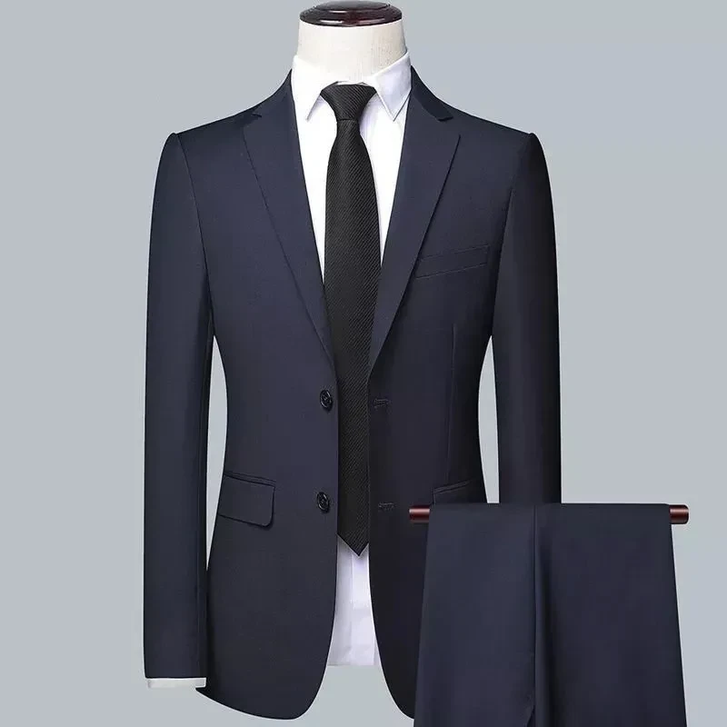 Suit Set Three-piece Set Men's Korean Style Slim Fit Business Purplish Blue