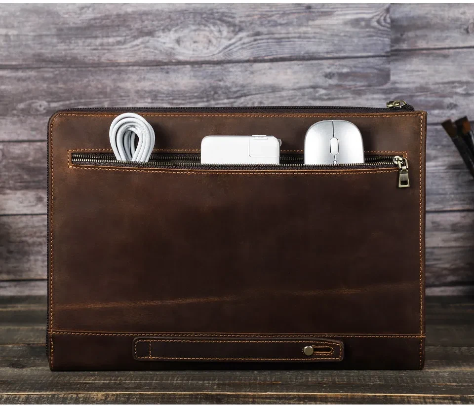 Protective Case Crazy Horse Oil Leather Zipper Laptop Bag