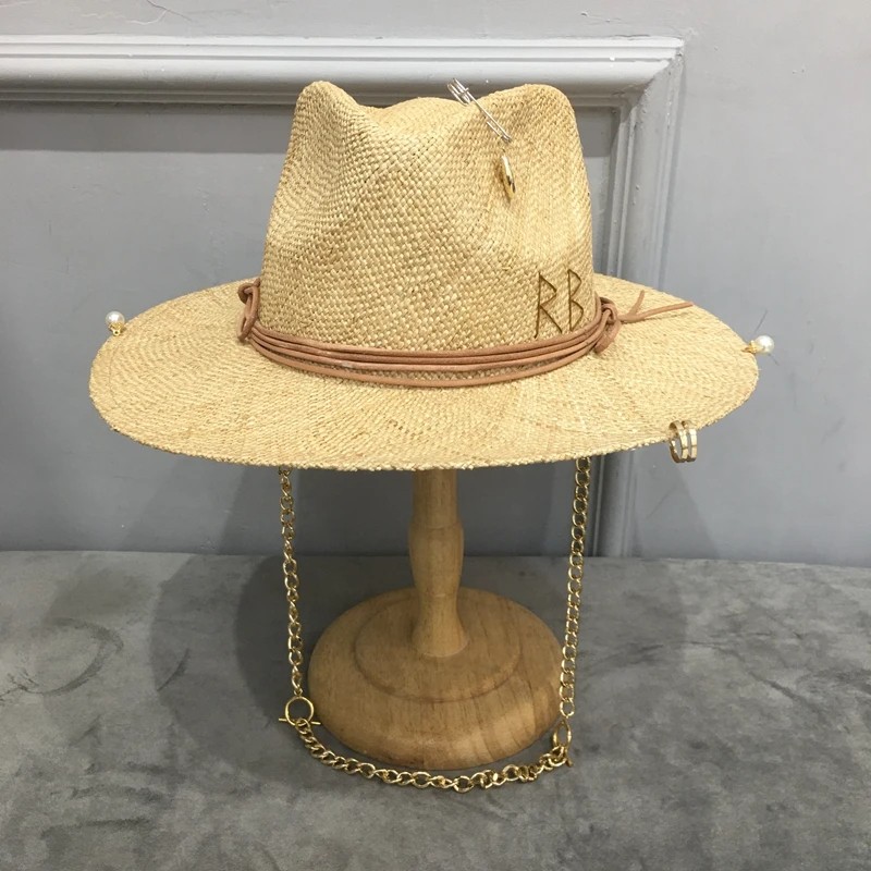 Summer Raffia Sunhat for Women with Chain and Pin Women's Straw Panama Hat