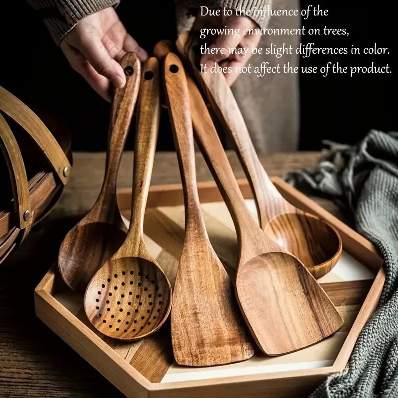 5pcs Wooden Kitchen Utensils Set: Eco-Friendly, Durable, and Safe for Non-Stick Pans