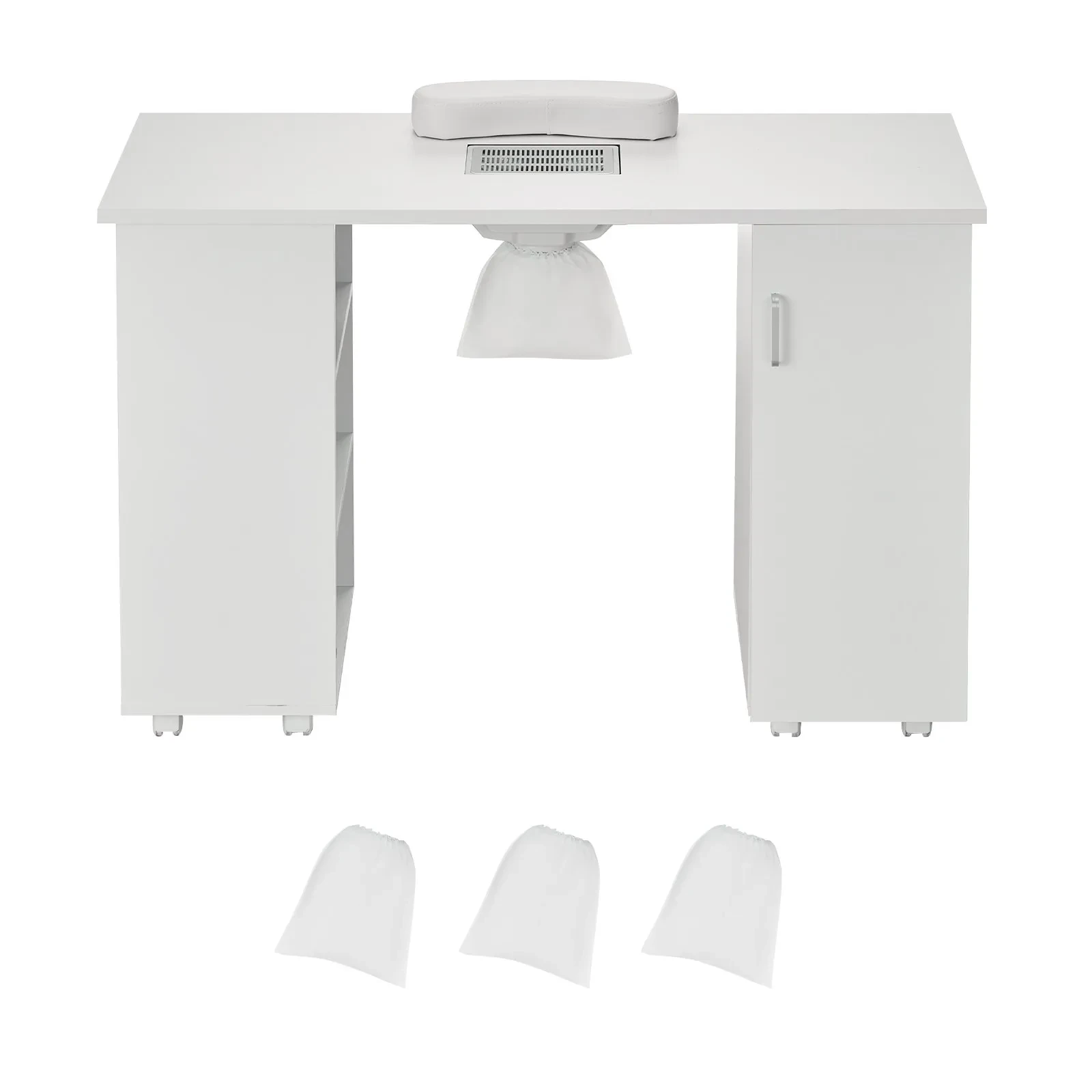Manicure Table, Nail Table Station With Electric Dust Collector, Moveable Nail Tech Desk With 8 Wheels 4 Lockable, 3 Dust Bag & Wrist Rest, MDF Nail Art Workstation For Spa Beauty Salon, White