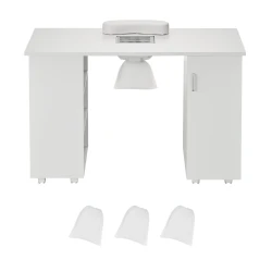 Manicure Table, Nail Table Station With Electric Dust Collector, Moveable Nail Tech Desk With 8 Wheels 4 Lockable, 3 Dust Bag & Wrist Rest, MDF Nail Art Workstation For Spa Beauty Salon, White