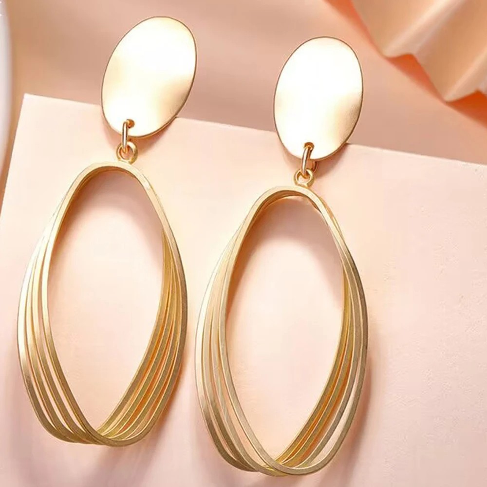 New Geometry Retro Metallic Gold Color Multiple Oval Pendant Clip Earrings - Fashion Jewelry for Wedding & Party