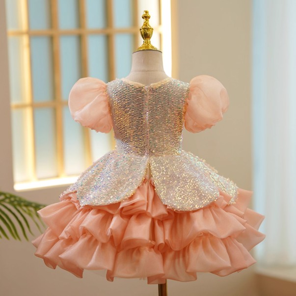 Girls Pure Color Sequins Puff Sleeve Princess Dress