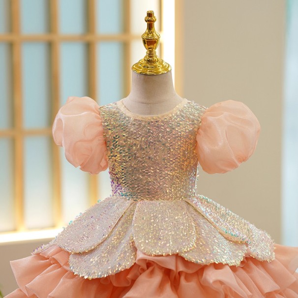 Girls Pure Color Sequins Puff Sleeve Princess Dress
