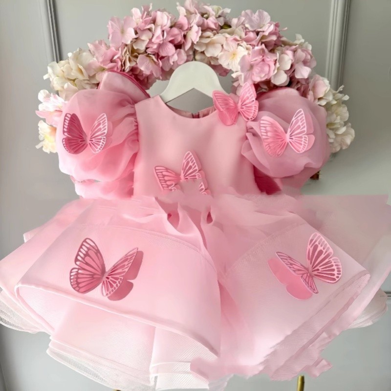 Three-dimensional Butterfly European And American Girl's Pink Princess Dress
