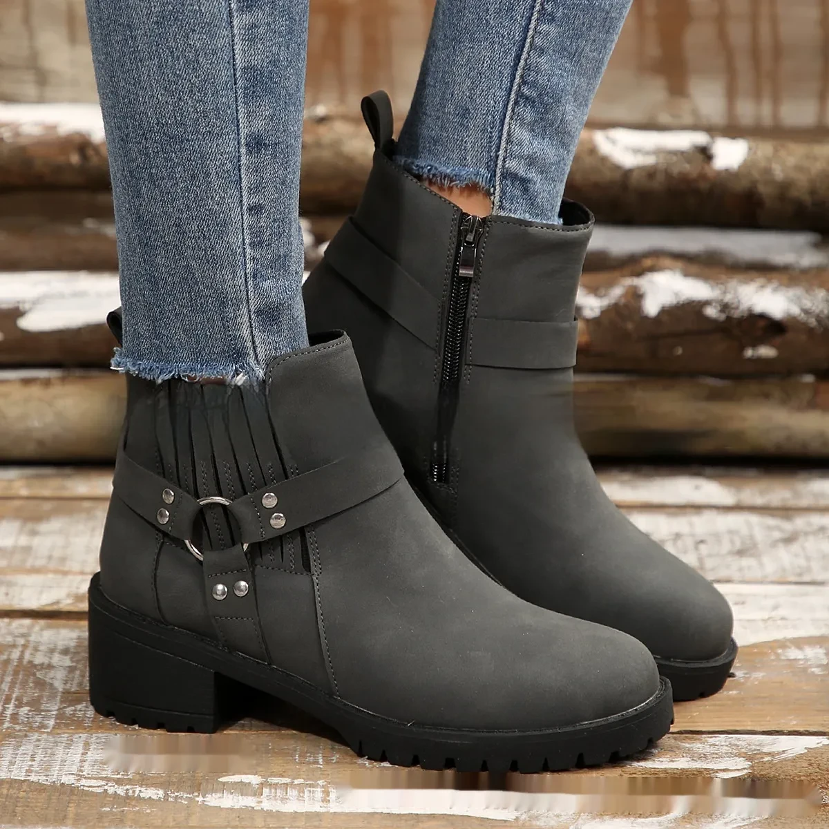 Belt Buckle Women's Ankle Boots Elastic Band