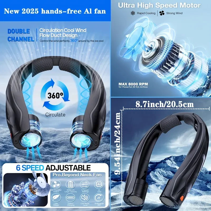 AI Portable 6-Speed Neck Fan with 6000mAh Battery