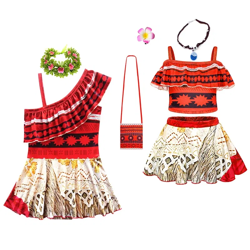 Color: Brown, Kid Size: 6M - Moana 2 Swimsuit Summer Holiday Beach Girls Two-piece Bikini Toddler Adventure Outfit Pool Party Vaiana Fancy Dress Up