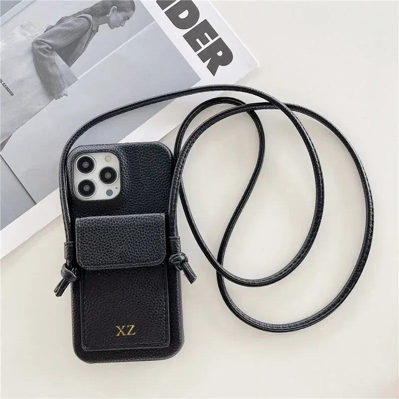 Color: black, Material: PVC - Personalized Gold Silver Letters Leather PU Card Holder Lanyard Hard Case For iPhone 14 13 12 11 15 Pro Max XS XR 16 Plus Cover