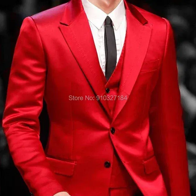 Color: Beige, Size: XXL - Slim Fit Red Men Suits for Prom Singer Stage 3 Piece Satin Wedding Groom Tuxedo Male Fashion Jacket Waistcoat with Pants 2023