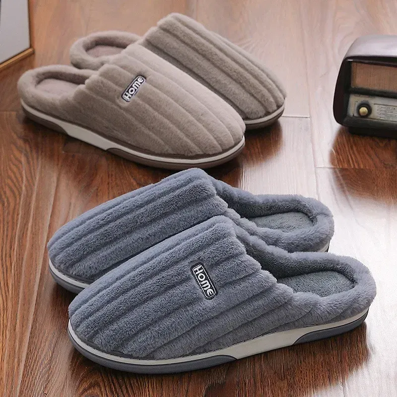 Color: black, Shoe Size: 46-47 - New Men Big Size 48 49 Winter Warm Slippers Women Soft Plush Furry Shoes Casual Flats Home Couples Bedroom Anti-Slip Slides