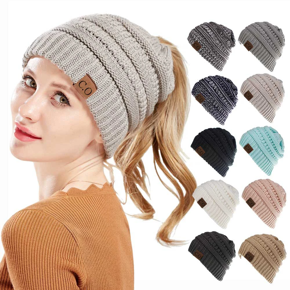 Color: Army green - New Lady Knitted Hats for Women Girls Skiing Baseball Cap Openings Horsetail Hat