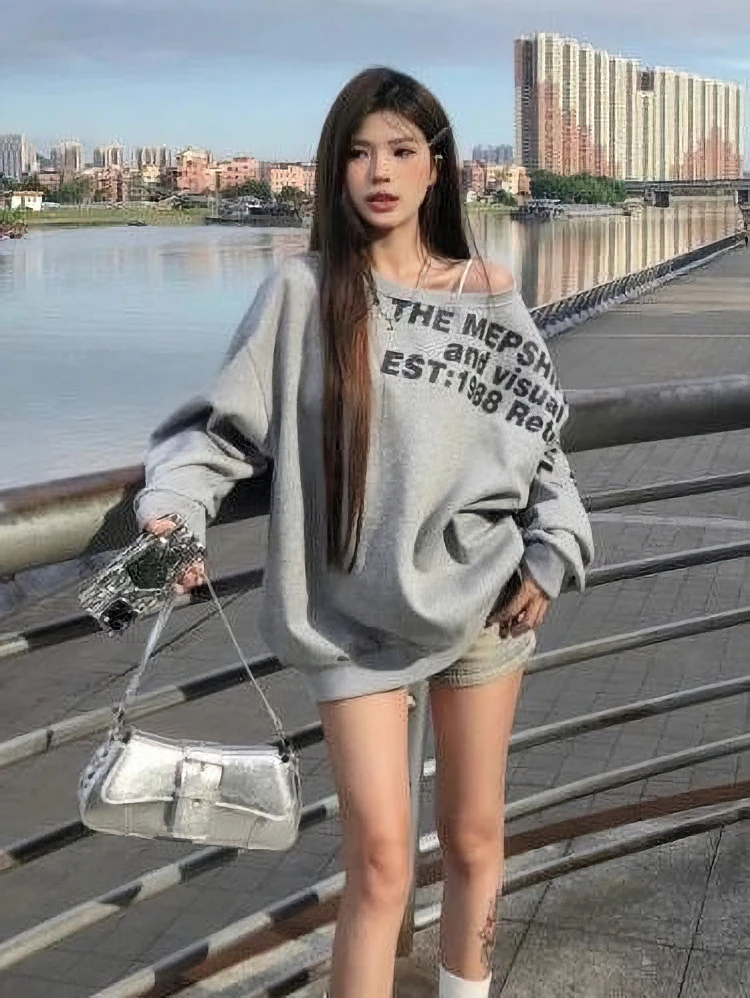 Color: GRAY, Size: M - Y2k Sexy Oversize T shirt Women Streetwear Print Long sleeve Basic Top Lady Fall Winter Korean Fashion Oversized Tees Shirt