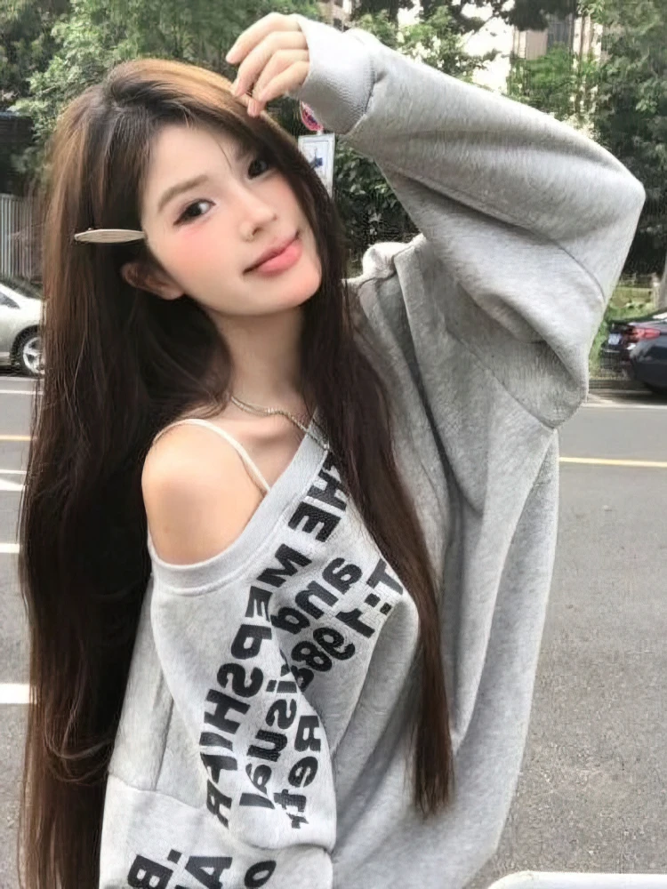 Color: GRAY, Size: M - Y2k Sexy Oversize T shirt Women Streetwear Print Long sleeve Basic Top Lady Fall Winter Korean Fashion Oversized Tees Shirt