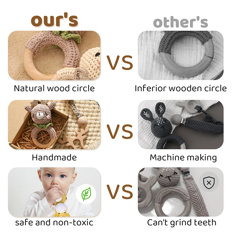 Color: Clear - Bopoobo 3PCS/5PCS Crochet Bunny Baby Teether Rattle Animal Beech Wood Teether Pacifier Chain Crochet Rattle For Newborn Baby