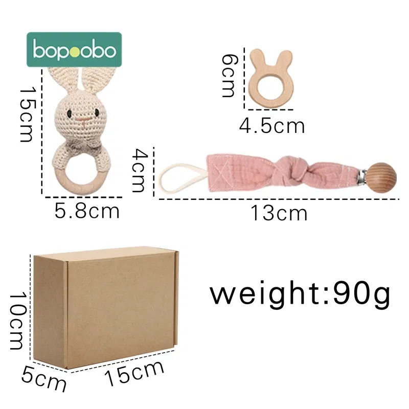 Color: Clear - Bopoobo 3PCS/5PCS Crochet Bunny Baby Teether Rattle Animal Beech Wood Teether Pacifier Chain Crochet Rattle For Newborn Baby