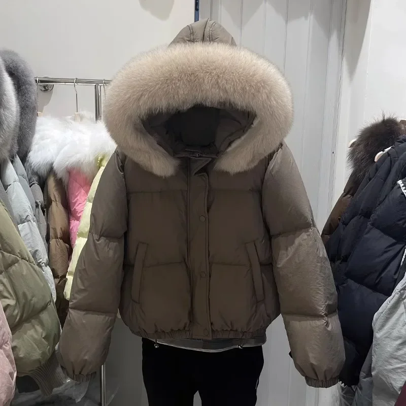 Color: Blue, Size: S - Short Loose Coat 2024 Winter New Fashion White Duck Down Coat for Women Down Coat Real Big Fur Collar Hooded Coat for Women